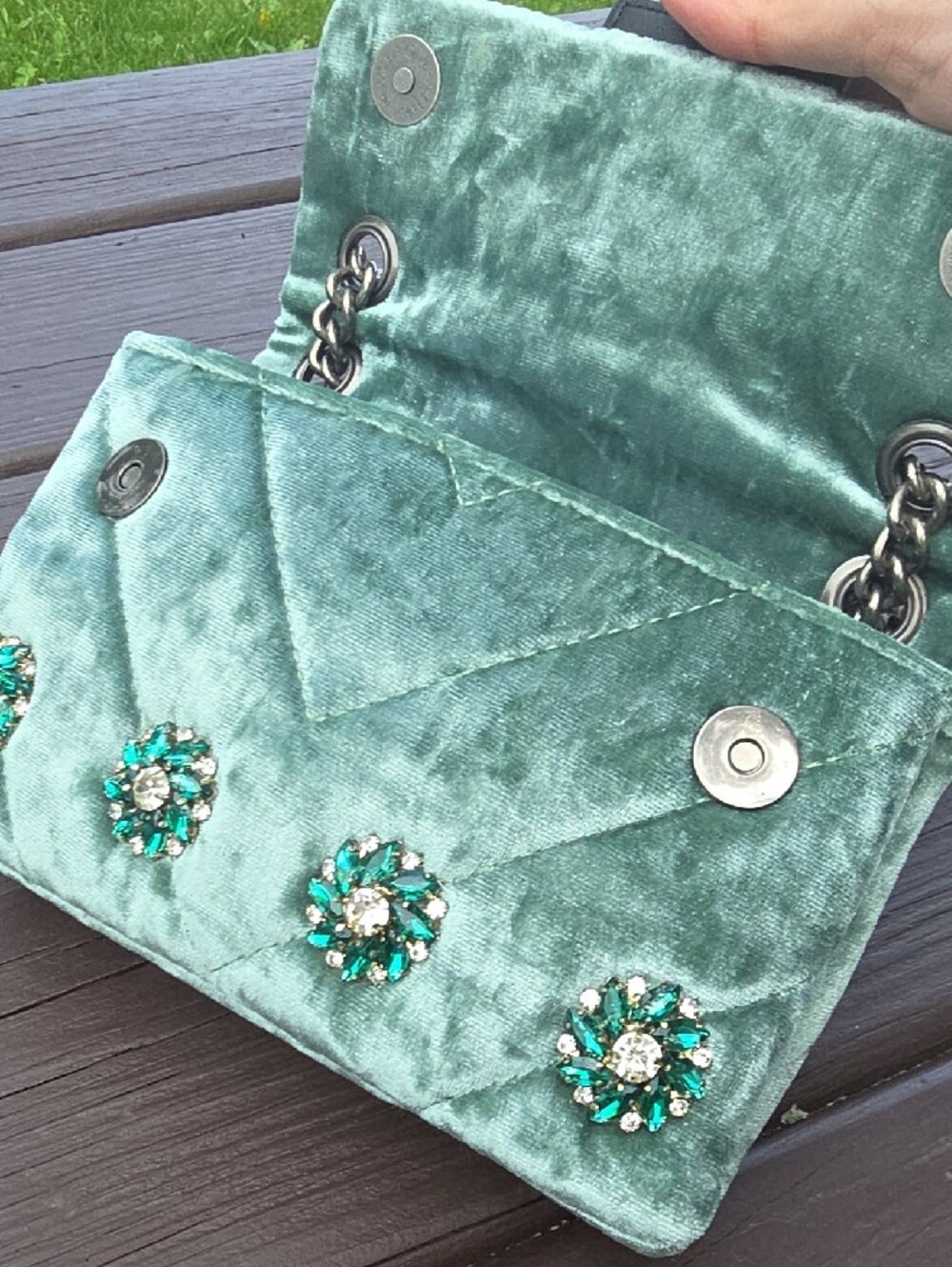 Kurt Geiger Embellished Quilted Green Velvet Shoulder Bag - Picture 9 of 16